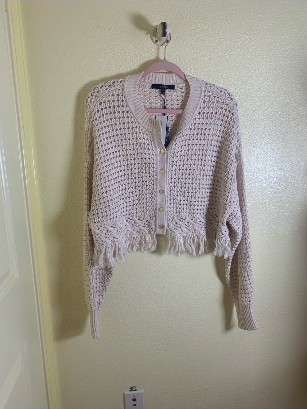 NWT TOCCIN Cream Crochet Fringe Button-Front Cardigan, Size M
